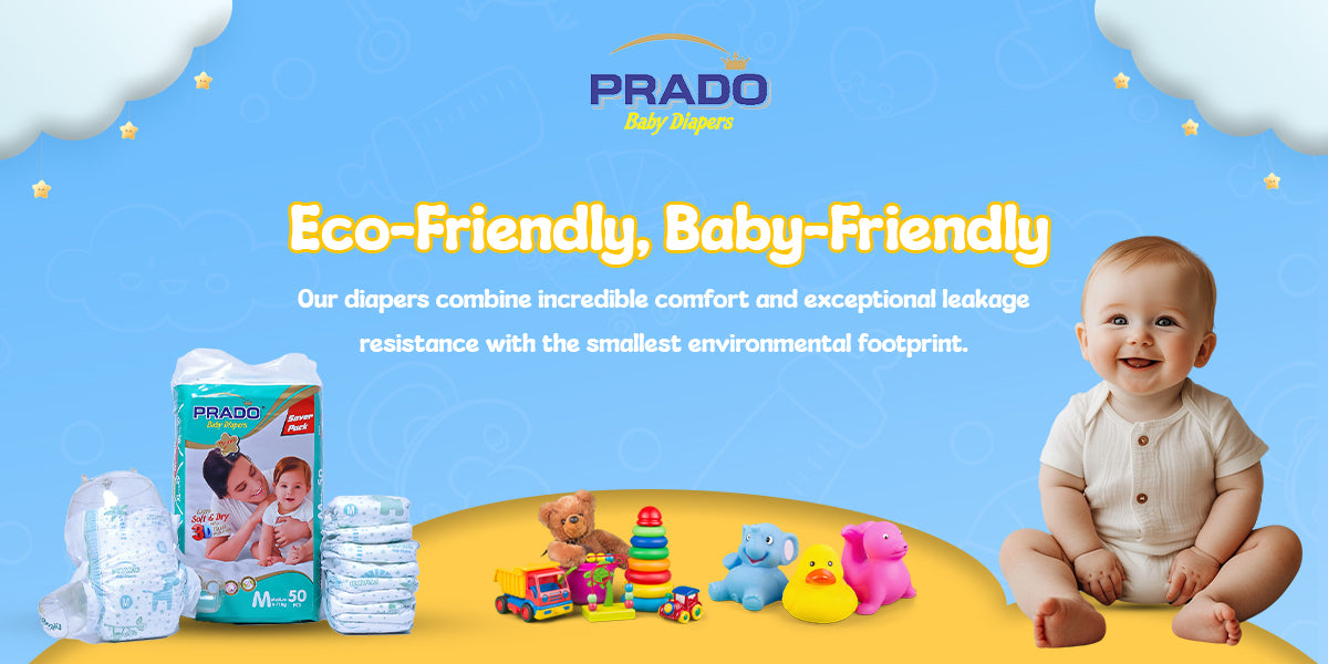 Prado banner showcasing baby and the Prado baby diaper with baby toys 